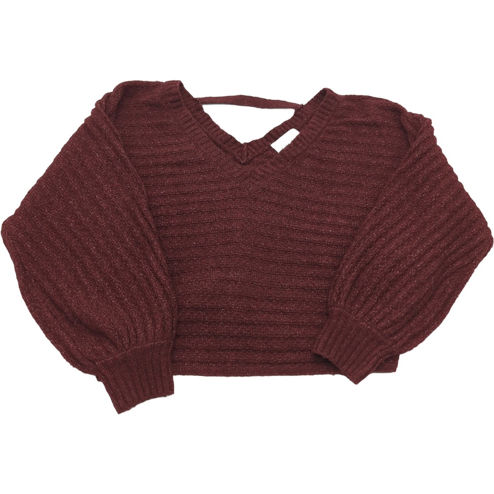 Pink Rose Burgundy Ribbed Cropped Sweater V-Neck Balloon Sleeve Medium PF2S25155